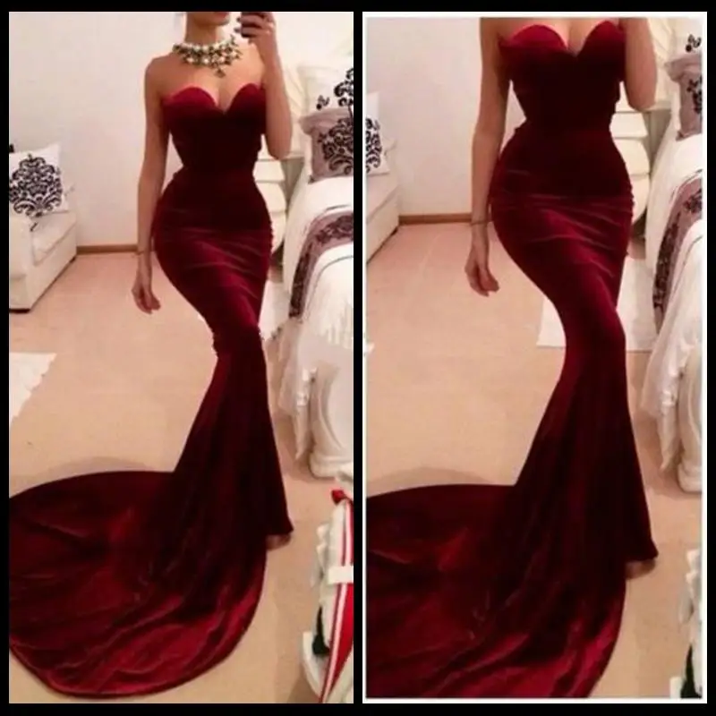 

New Fashionable Burgundy Sweetheart Velvet Dress Elegant Mermaid Prom Dresses Vestido De Festas